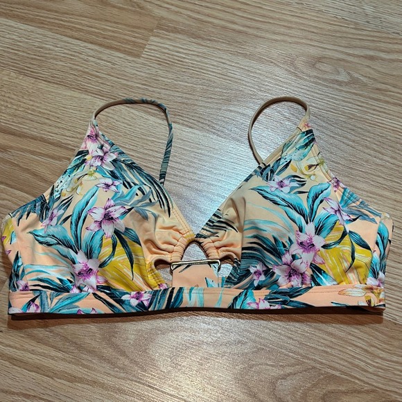Ambrielle Other - Ambrielle Tropical Floral Bikini Top Peach Teal Gold Ring Detail Large
